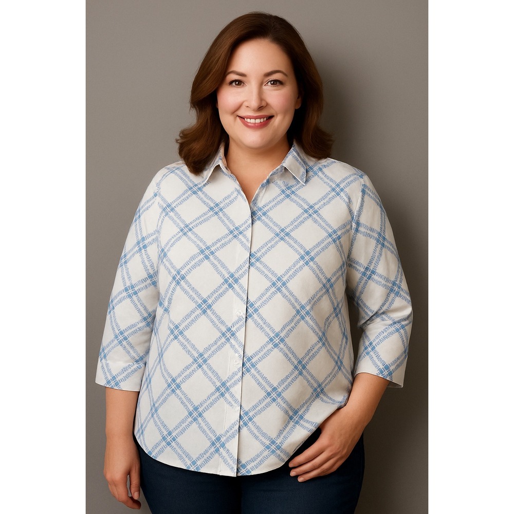 Chicos Shirt Womens 16 18 White Blue Plaid 3/4‎ Sleeve Button-Down Top Plus